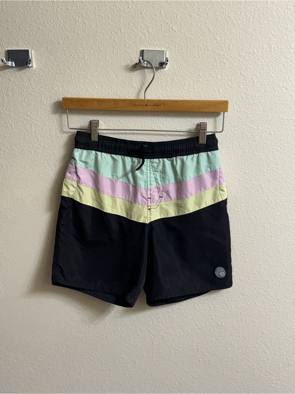 Boys Volcom Colorblock Swim Shorts in Black with Mint, Lavender & Pale Yellow
